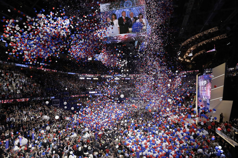 Confetti and balloons fall during celebrations after Republican presidential candidate Donald Trump's acceptance speech on the final day of the Republican National Convention in Cleveland, Thursday, July 21, 2016. (AP Photo/Matt Rourke)