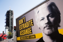 A billboard van calling for an end to extradition proceedings against WikiLeaks founder Julian Assange